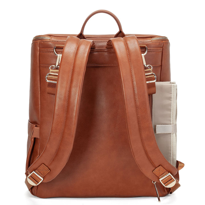 Victoria tan vegan leather nappy bag backpack backside with change mat