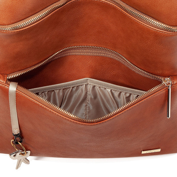 Victoria tan vegan leather nappy bag backpack front pocket inside