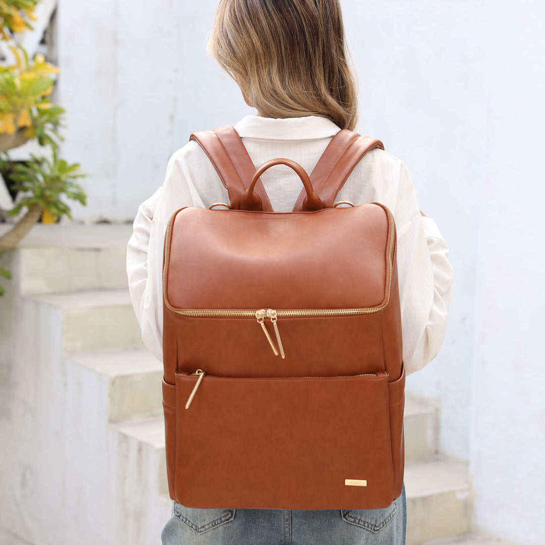 Victoria tan vegan leather nappy bag backpack mum 1
