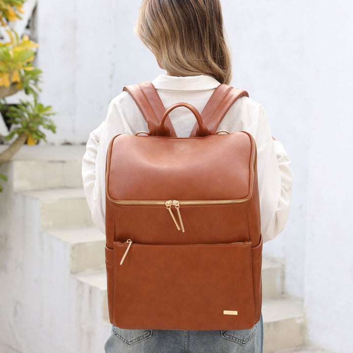 Victoria tan vegan leather nappy bag backpack mum 1