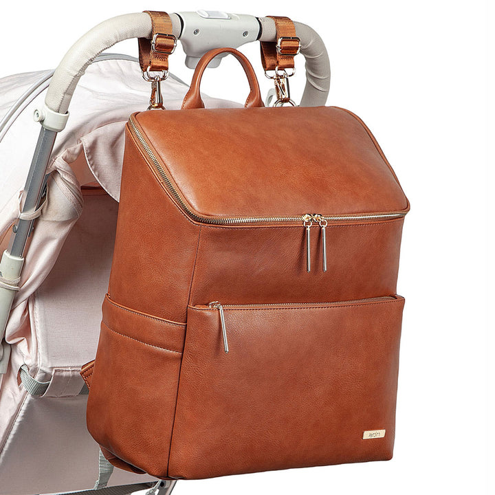 Victoria tan vegan leather nappy bag backpack on pram