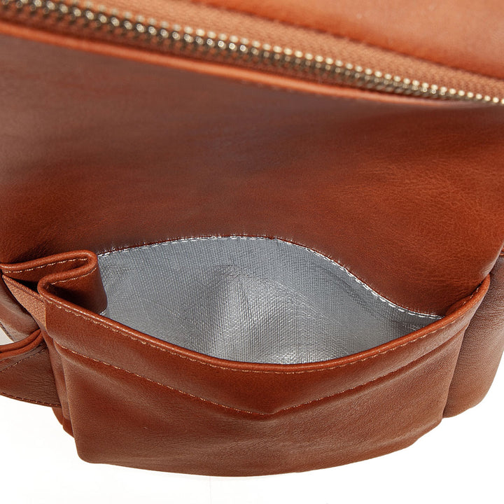 Victoria tan vegan leather nappy bag backpack side insulated pocket
