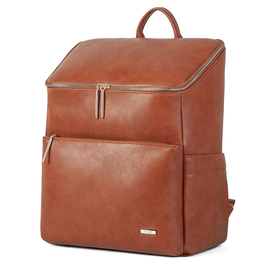 Victoria tan vegan leather nappy bag backpack side view