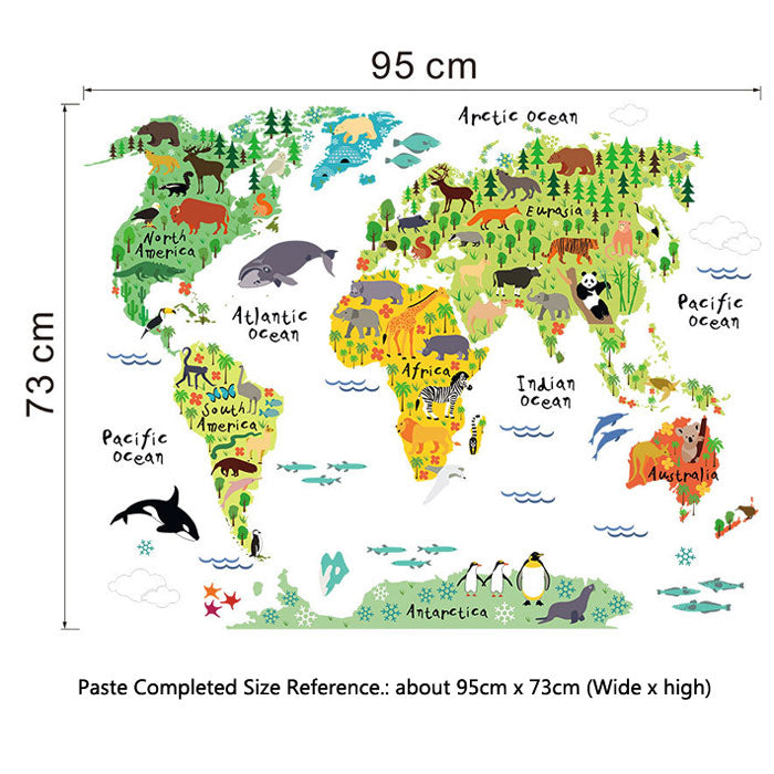 Animals World Map Baby Nursery & Kid's Room Wall Sticker Size