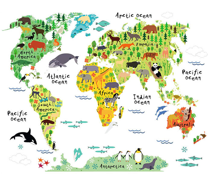 Animals World Map Baby Nursery & Kid's Room Wall Sticker in White Background