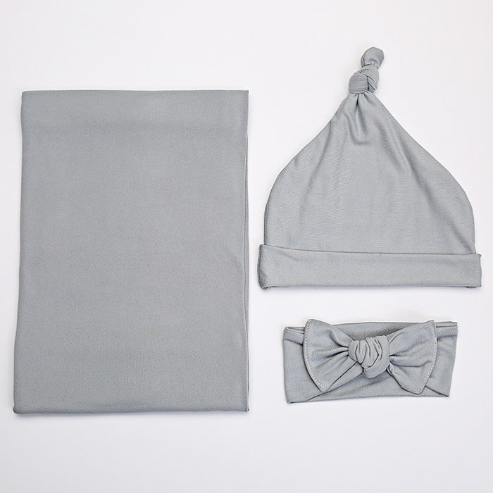 Ash Grey Baby Swaddle Wrap Set With Matching Beanie & Headband - All 3