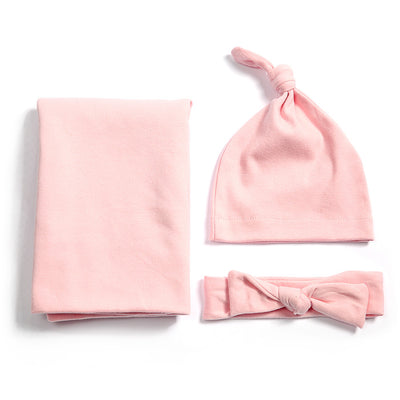 Ash Pink Baby Swaddle Wrap Set With Matching Beanie & Headband - All 3