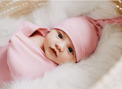 Ash Pink Baby Swaddle Wrap Set With Matching Beanie & Headband with baby