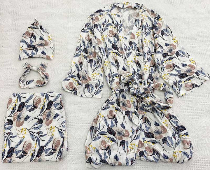 Audrey Maternity Robe Set with swaddle, beanie & headband all