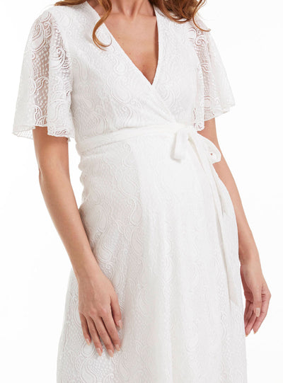 Belle White Lace Maternity Wrap Dress close up