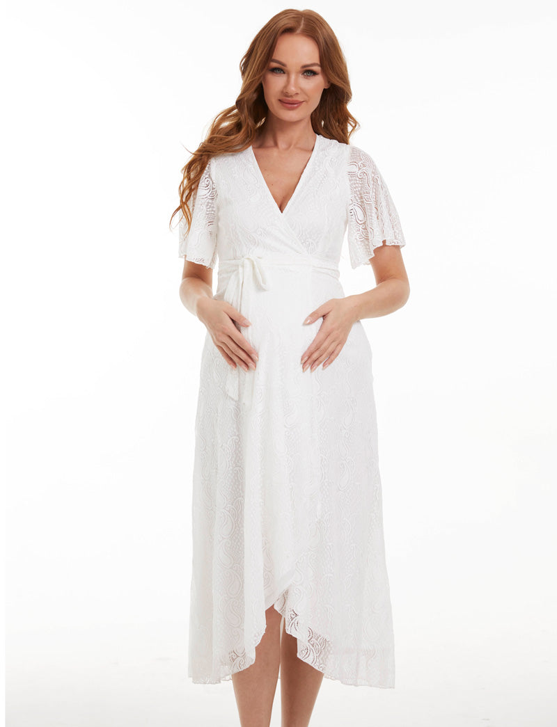 Belle White Lace Maternity Wrap Dress Front 1