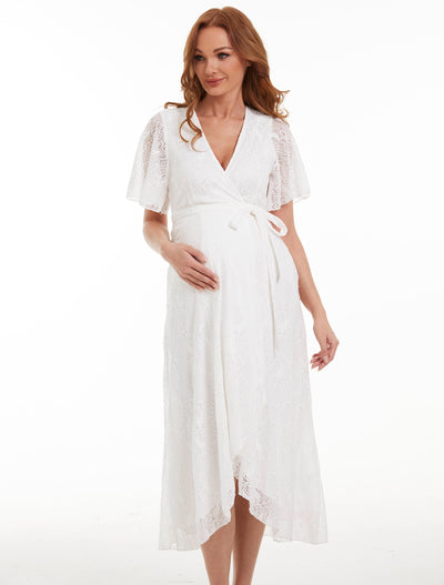 Belle White Lace Maternity Wrap Dress Front