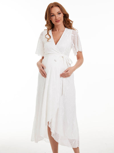 Belle White Lace Maternity Wrap Dress Front 1