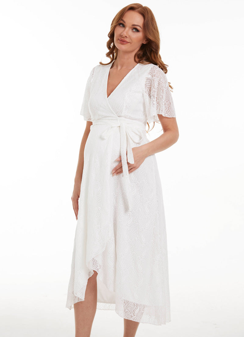 Belle White Lace Maternity Wrap Dress side view