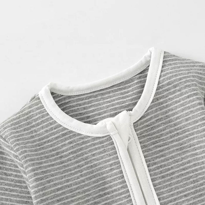 Dune Grey Stripes Long Sleeve Zip Organic Cotton Baby Romper - Top Zipper