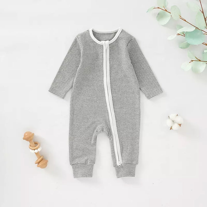 Dune Grey Stripes Long Sleeve Zip Organic Cotton Baby Romper