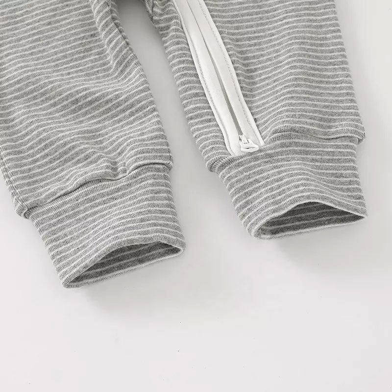 Dune Grey Stripes Long Sleeve Zip Organic Cotton Baby Romper Closeup 1