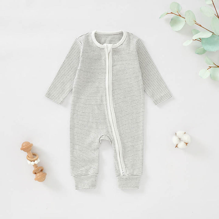 Dune Light Grey Stripes Long Sleeve Zip Organic Cotton Baby Romper