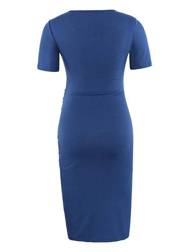 Elegant Navy - Short Sleeves Shirred Maternity Dress