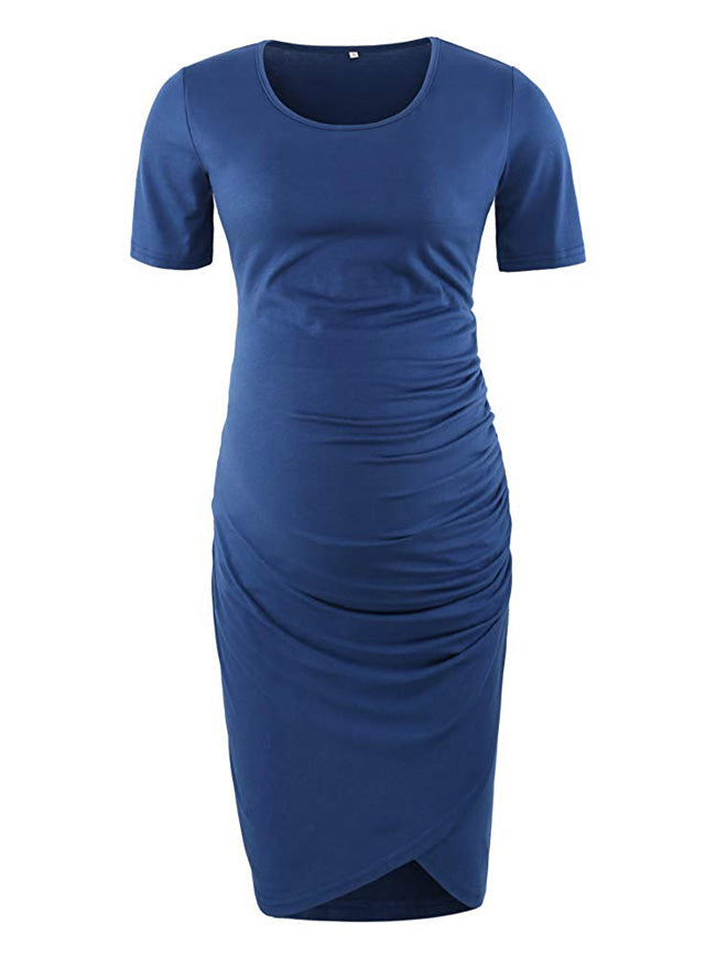 Elegant Navy - Short Sleeves Shirred Maternity Dress