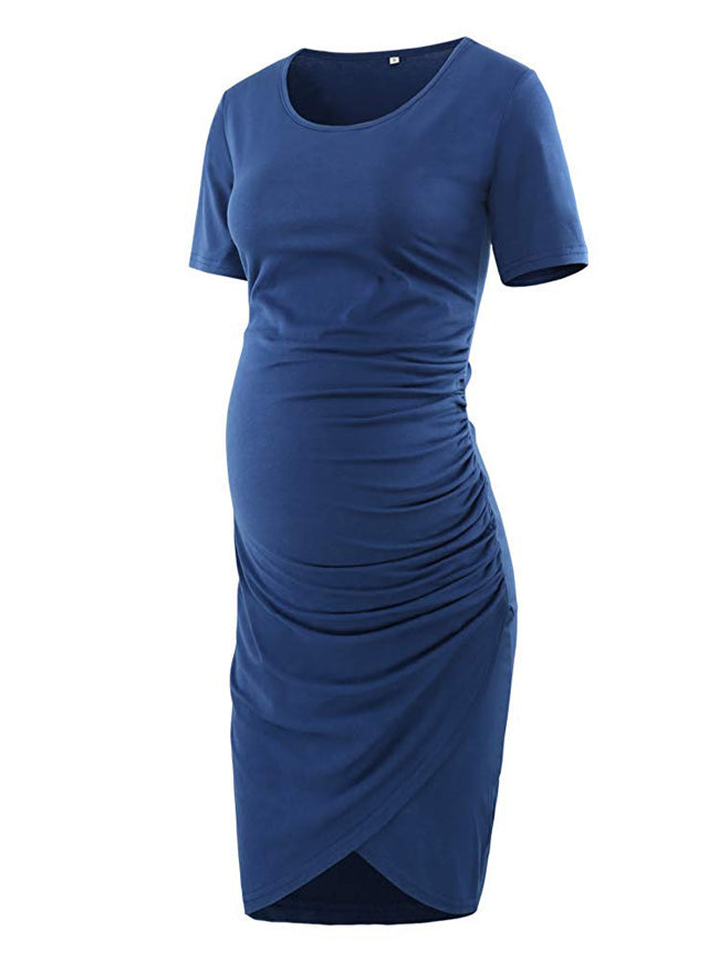 Elegant Navy - Short Sleeves Shirred Maternity Dress