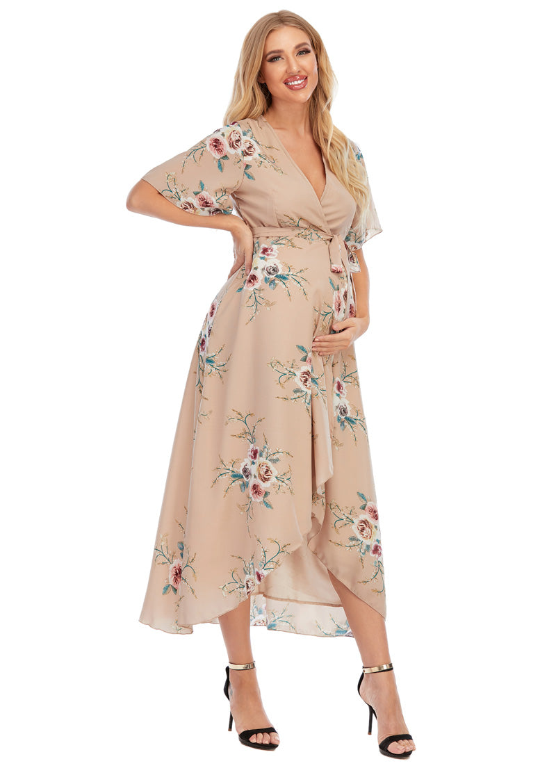 Eva Maternity & Nursing Wrap Dress with hand on waist