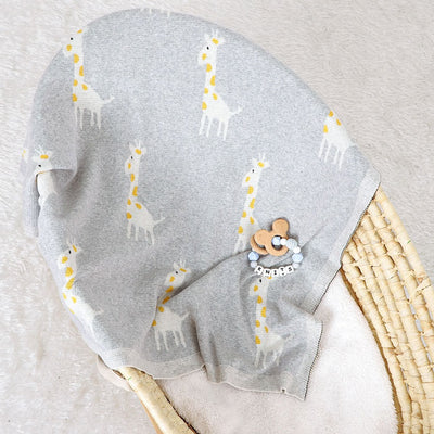 Giraffe Knitted Cotton Baby Blanket in Baby Basket