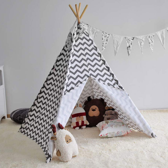 Grey Chevron Kids Teepee Tent side view 1