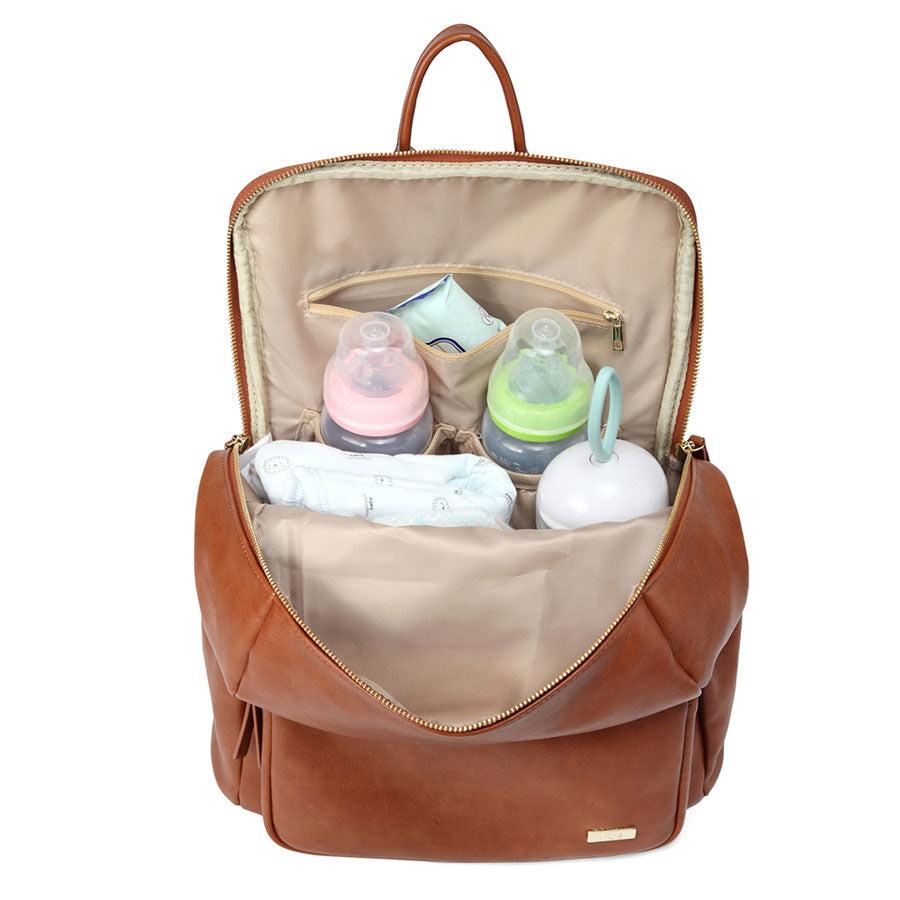 Harper Tan Nappy Bag Backpack Open with stuff