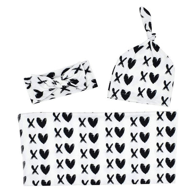 Hearts Baby Swaddle Wrap Set With matching headband & beanie
