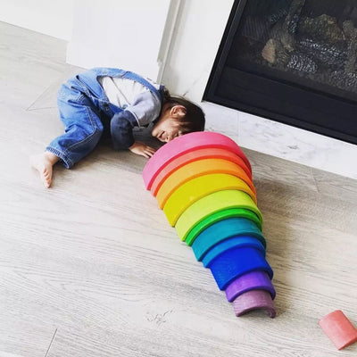 Large 12 piece Wooden Rainbow Stacker Kid playing