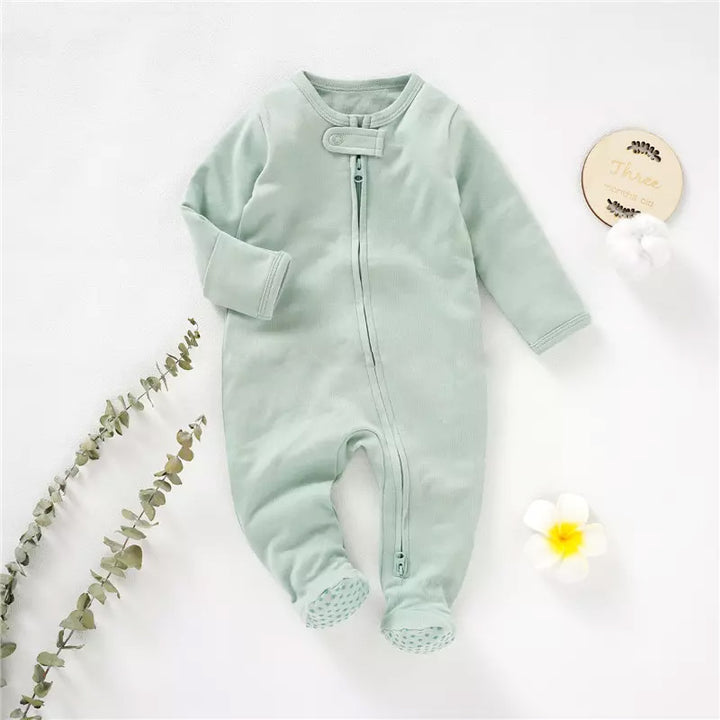 Logan Long Sleeve Zip Romper Covered Feet Organic Cotton - Light Sage