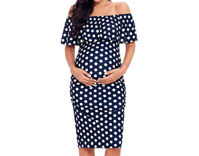 Off Shoulder Ruffle Maternity Dress - Navy Polka Dot