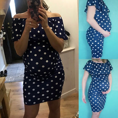 Off Shoulder Ruffle Maternity Dress - Navy Polka Dot