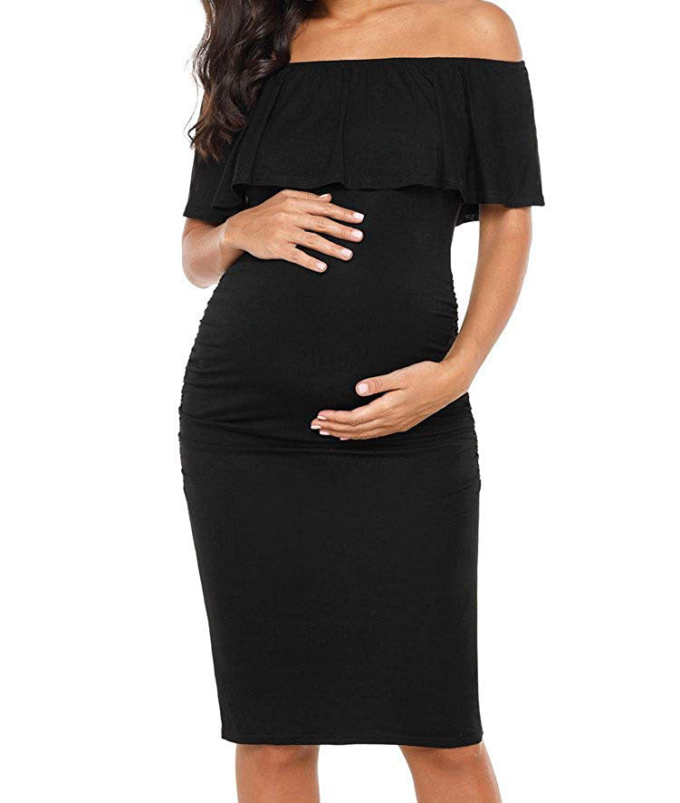 Off Shoulder Black Casual Maternity Dress front