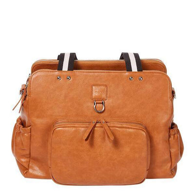 OiOi Faux Leather Tote Triple Compartment Nappy Bag front - Tan