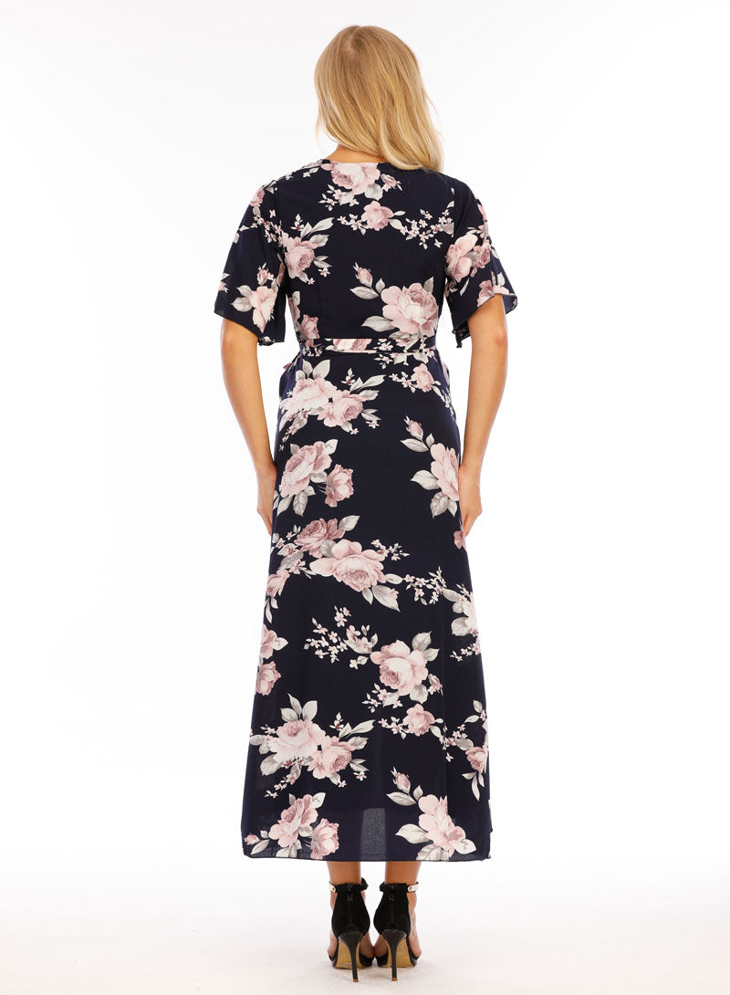 Peony Navy Maternity Wrap Dress Backside