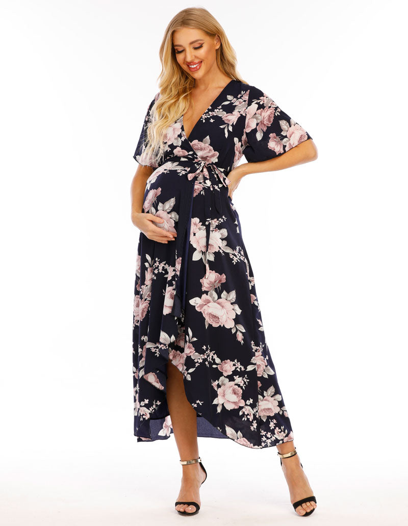 Peony Navy Maternity Wrap Dress front 2