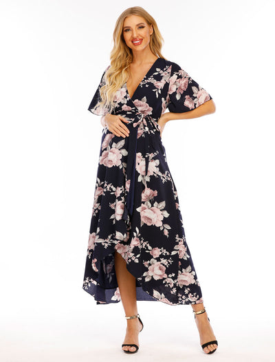 Peony Navy Maternity Wrap Dress front