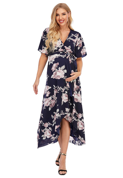 Peony Navy Maternity Wrap Dress hand