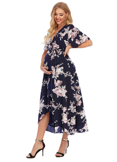 Peony Navy Maternity Wrap Dress side angle 3
