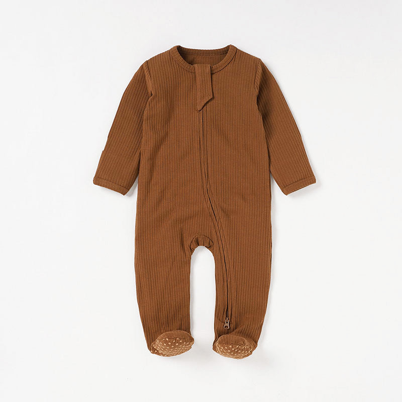 Rain Long Sleeve Zip Romper Covered Feet Organic Ribbed Cotton - Brown Color