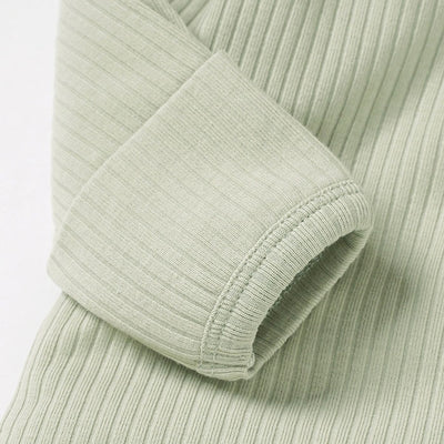 Rain Long Sleeve Zip Romper Covered Feet Organic Ribbed Cotton - Sage Closeup