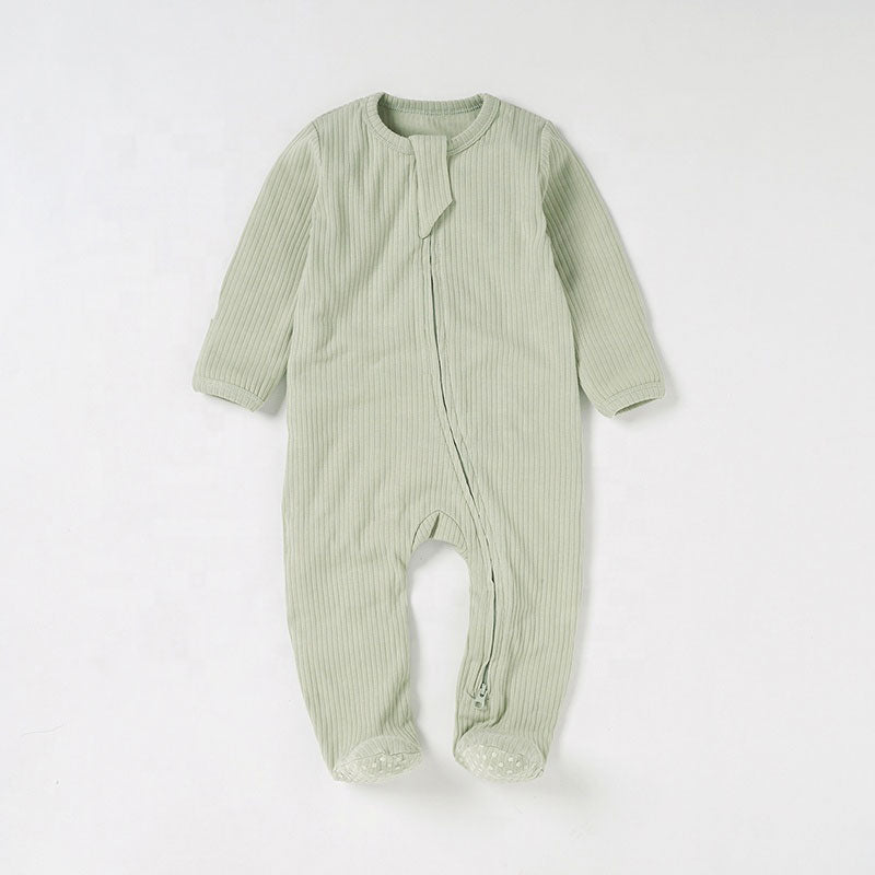 Rain Long Sleeve Zip Romper Covered Feet Organic Ribbed Cotton - Sage Color
