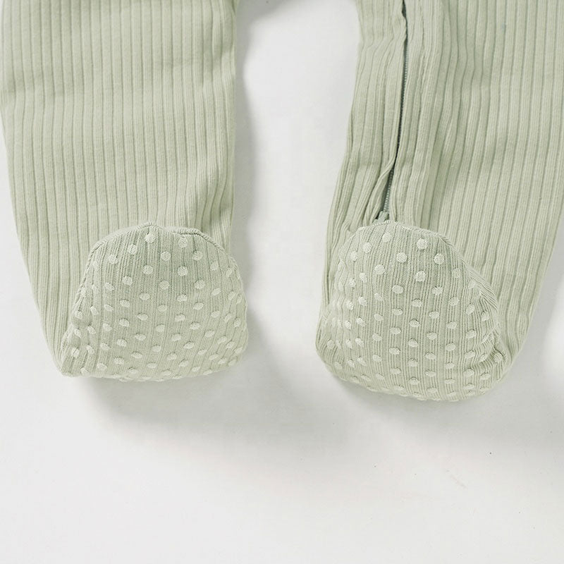 Rain Long Sleeve Zip Romper Covered Feet Organic Ribbed Cotton - Sage Covered Feet