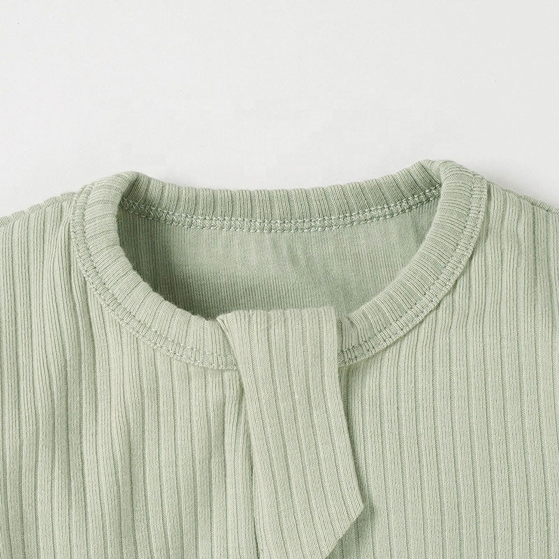 Rain Long Sleeve Zip Romper Covered Feet Organic Ribbed Cotton - Sage Top View