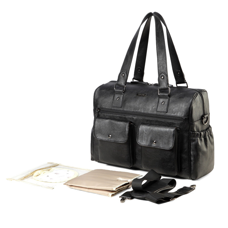 Sarah Carry All Black Nappy Bag PU Leather with accessories