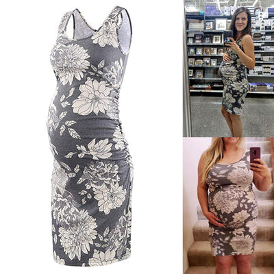Serene Grey Floral Sleeveless Maternity Dress