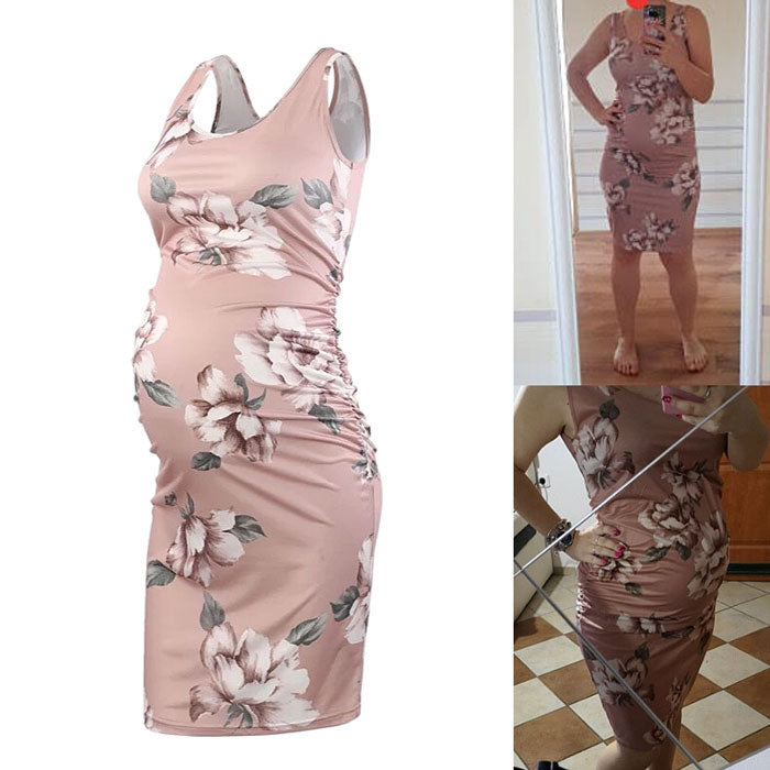 Serene Pastel Pink Floral Sleeveless Maternity Dress