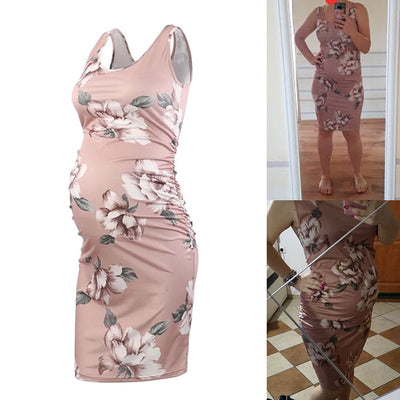 Serene Pastel Pink Floral Sleeveless Maternity Dress
